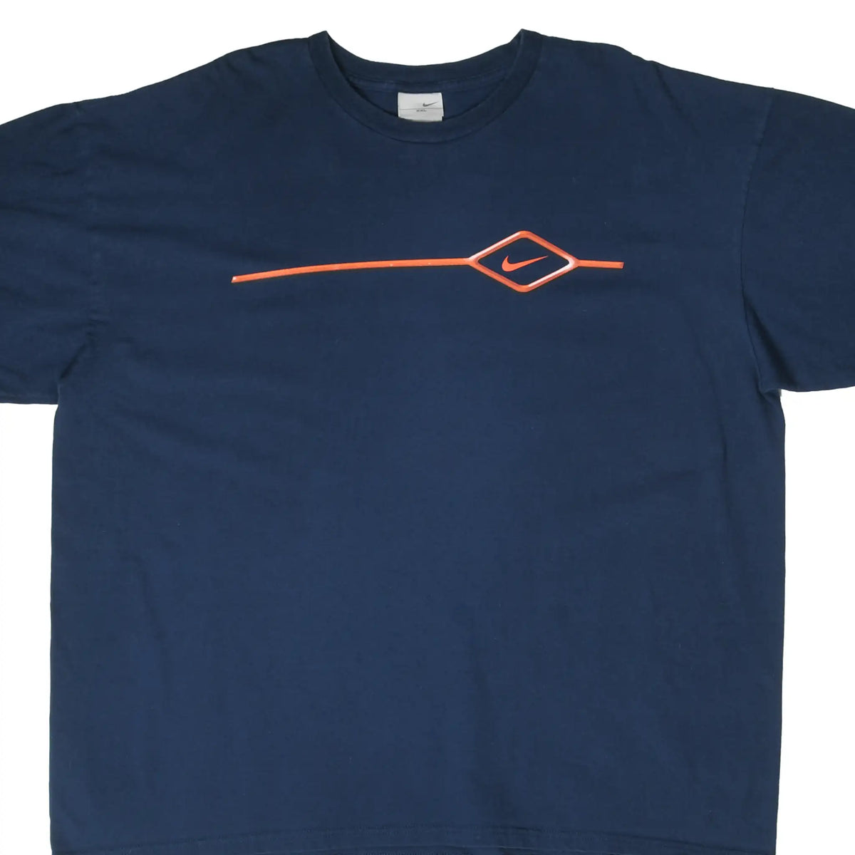 Front of navy blue Nike T-shirt with orange Swoosh and diamond line graphic