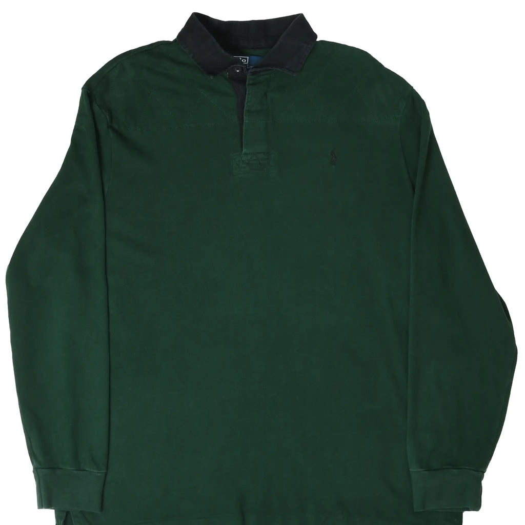 Front of dark green Polo Ralph Lauren long-sleeve rugby shirt with black collar and embroidered pony