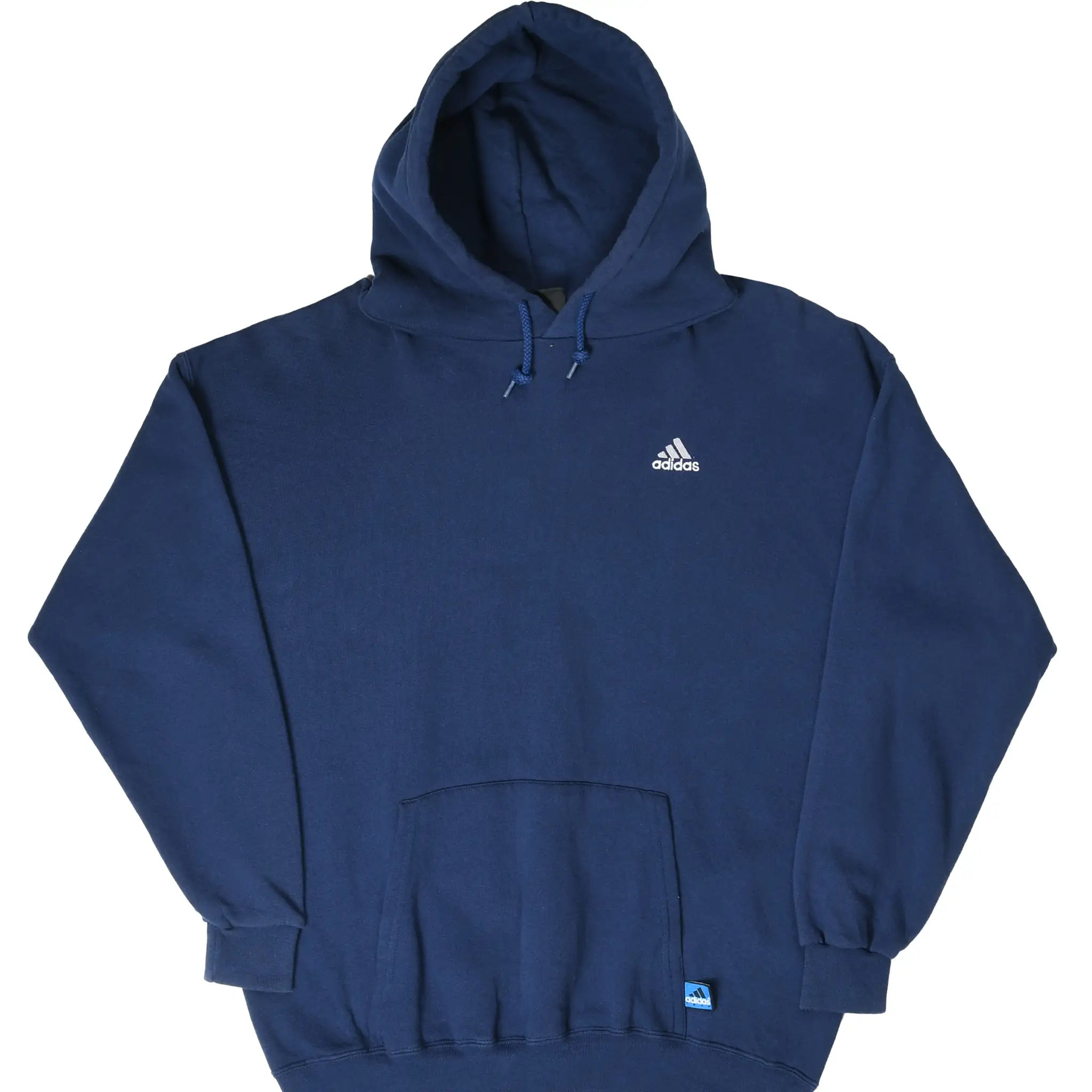 Front of navy blue Adidas pullover hoodie with white chest logo and kangaroo pocket