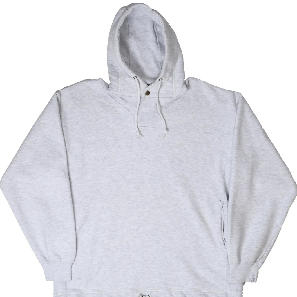Front of gray Russell Athletic pullover hoodie with drawstring hood, neck snap, and side-entry pockets