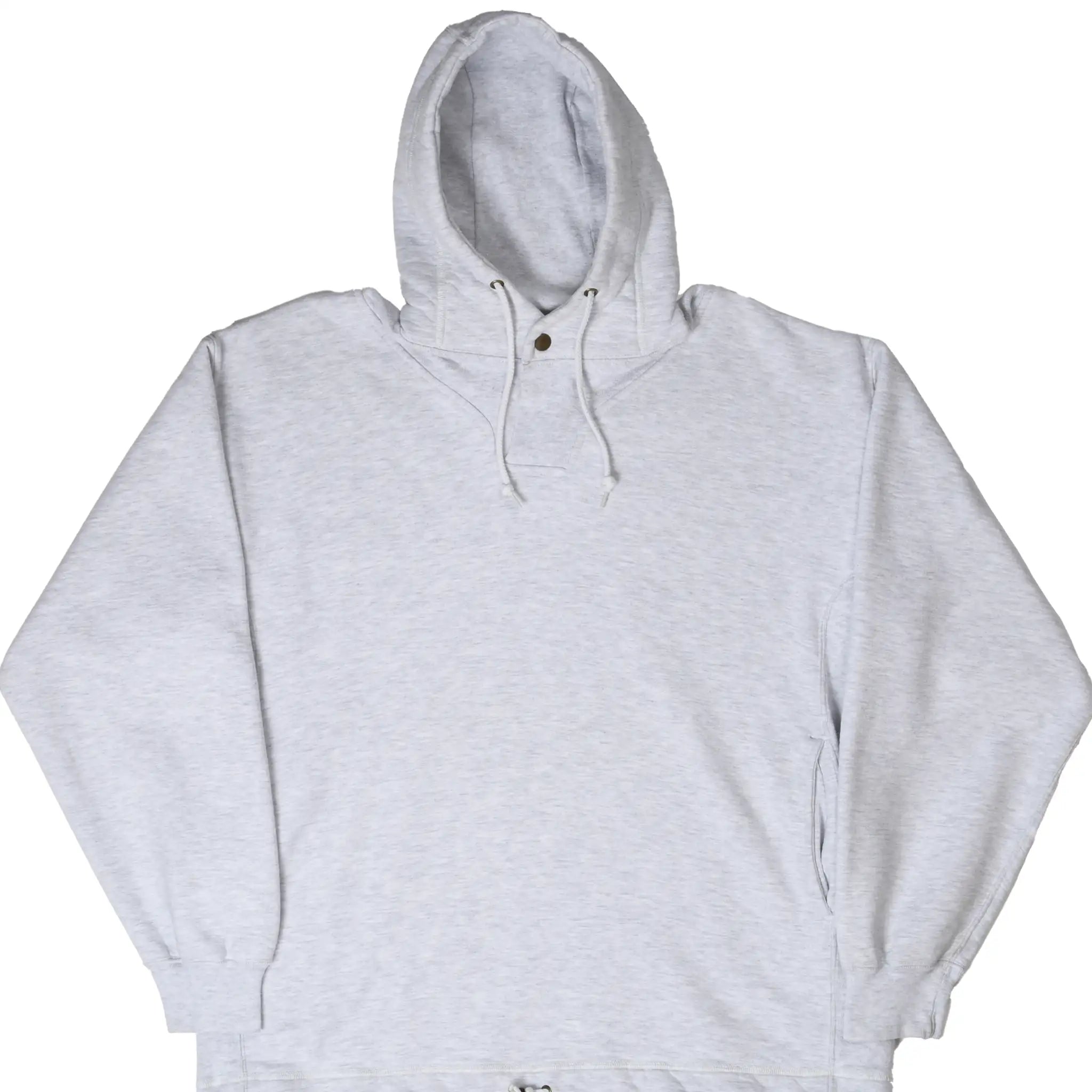 Front of grey Russell Athletic pullover hoodie with drawstrings and pouch pocket