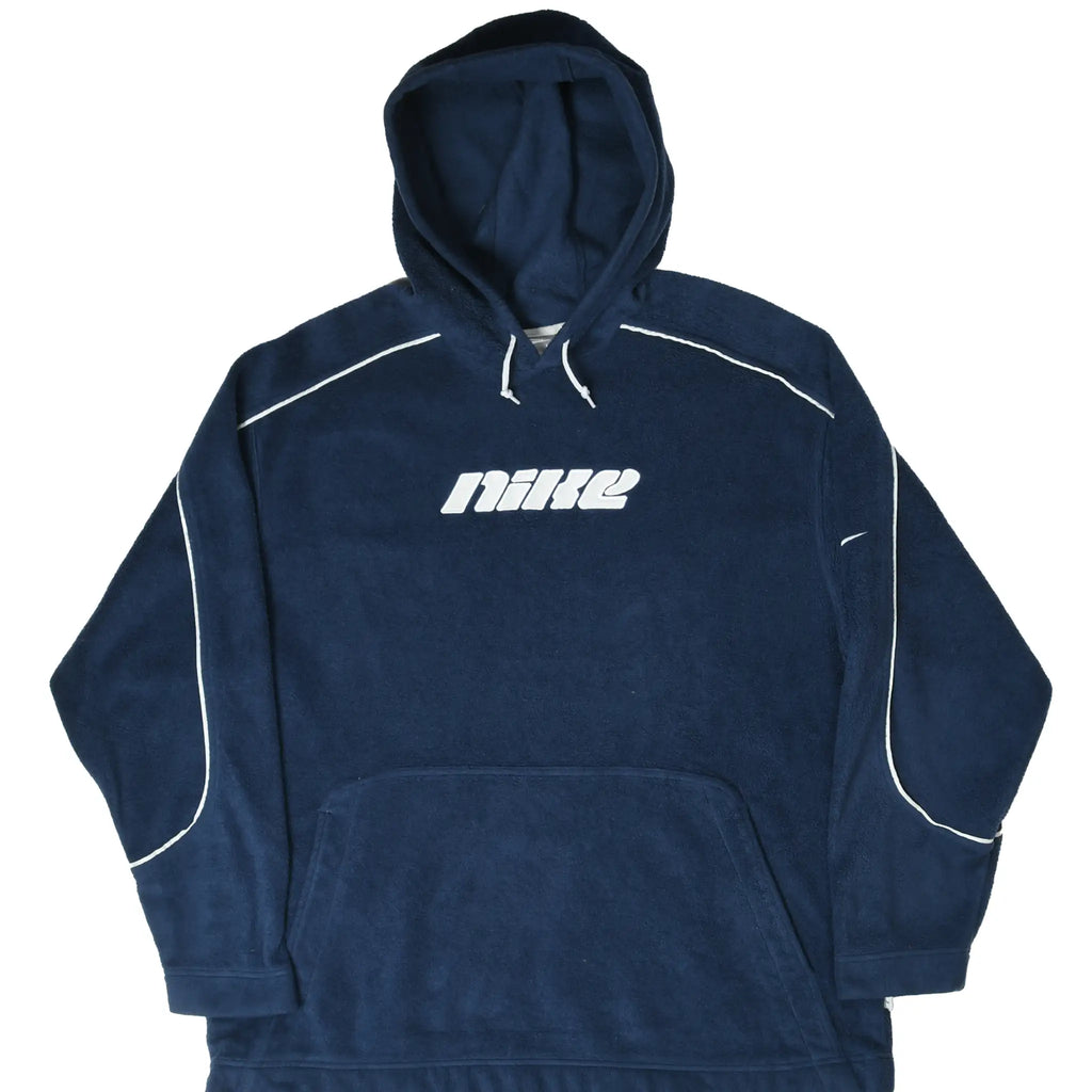 Front of navy Nike fleece hoodie with white spellout logo, piping, drawstrings, and kangaroo pocket