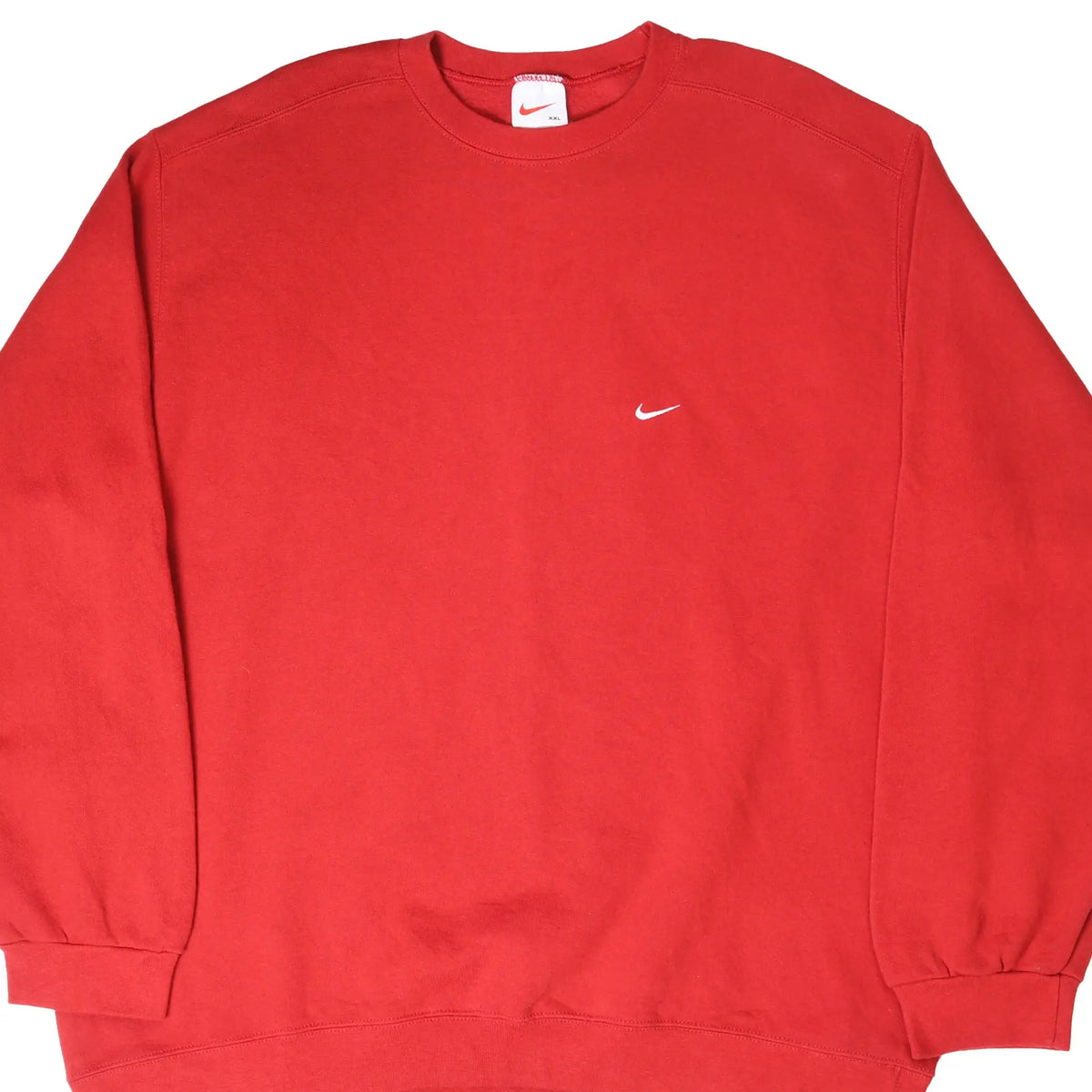 Front of red Nike crewneck sweatshirt with small white embroidered Swoosh on chest