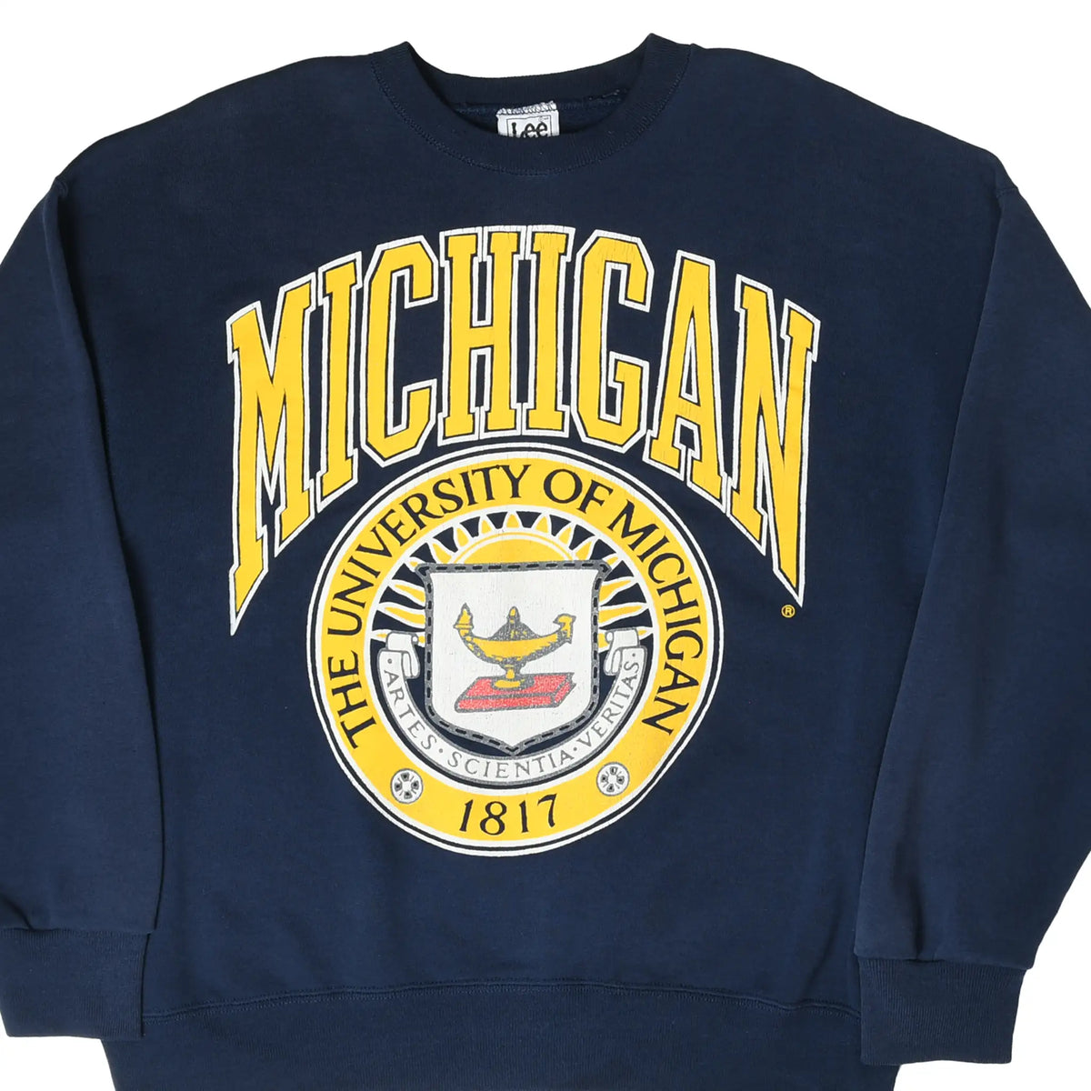 Front of navy University of Michigan sweatshirt with maize lettering and seal graphic