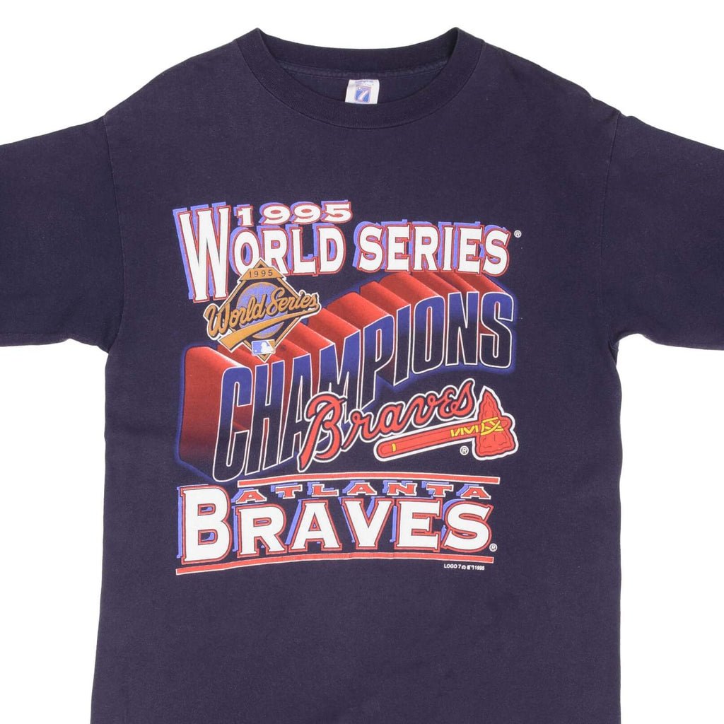 Vintage MLB Atlanta Braves World Champions 1995 Tee Shirt Size Medium Made In USA With Single Stitch Sleeves