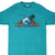 Front of teal San Diego California surf T-shirt with wave, surfer, palms, hibiscus, and striped graphic