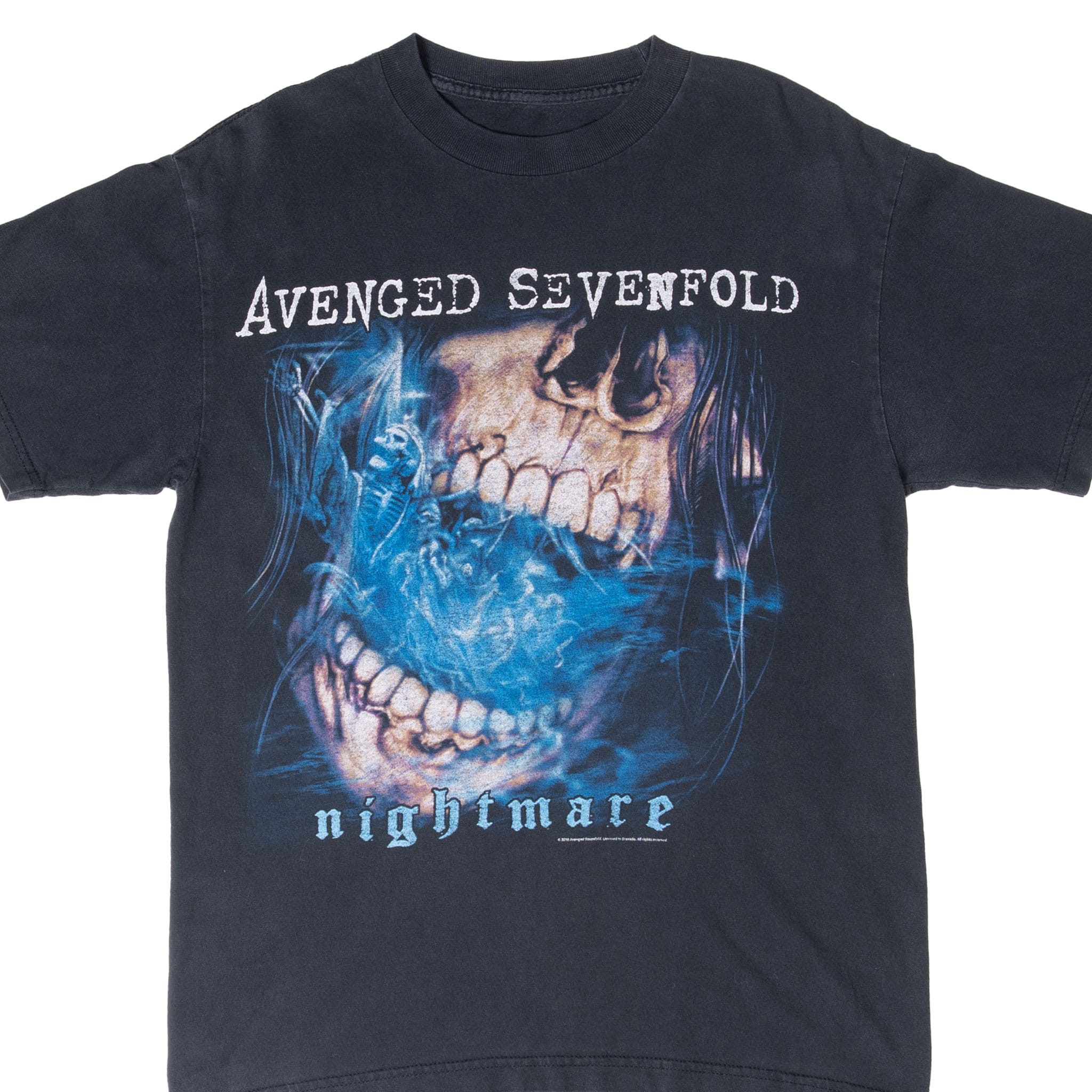 Front of black Avenged Sevenfold T-shirt with blue skull and Nightmare graphic