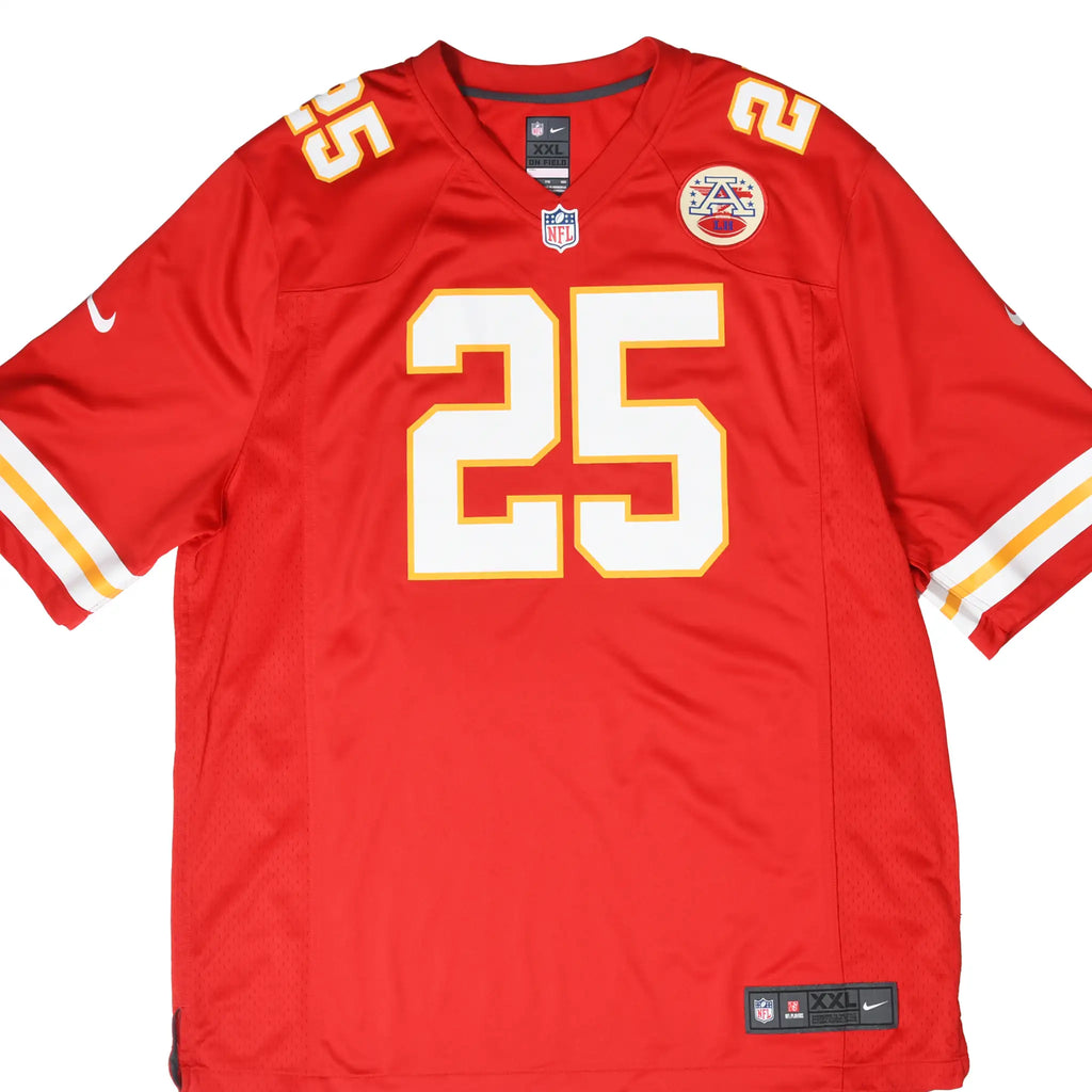 Front of red Nike Kansas City Chiefs Charles 25 NFL jersey with striped sleeves