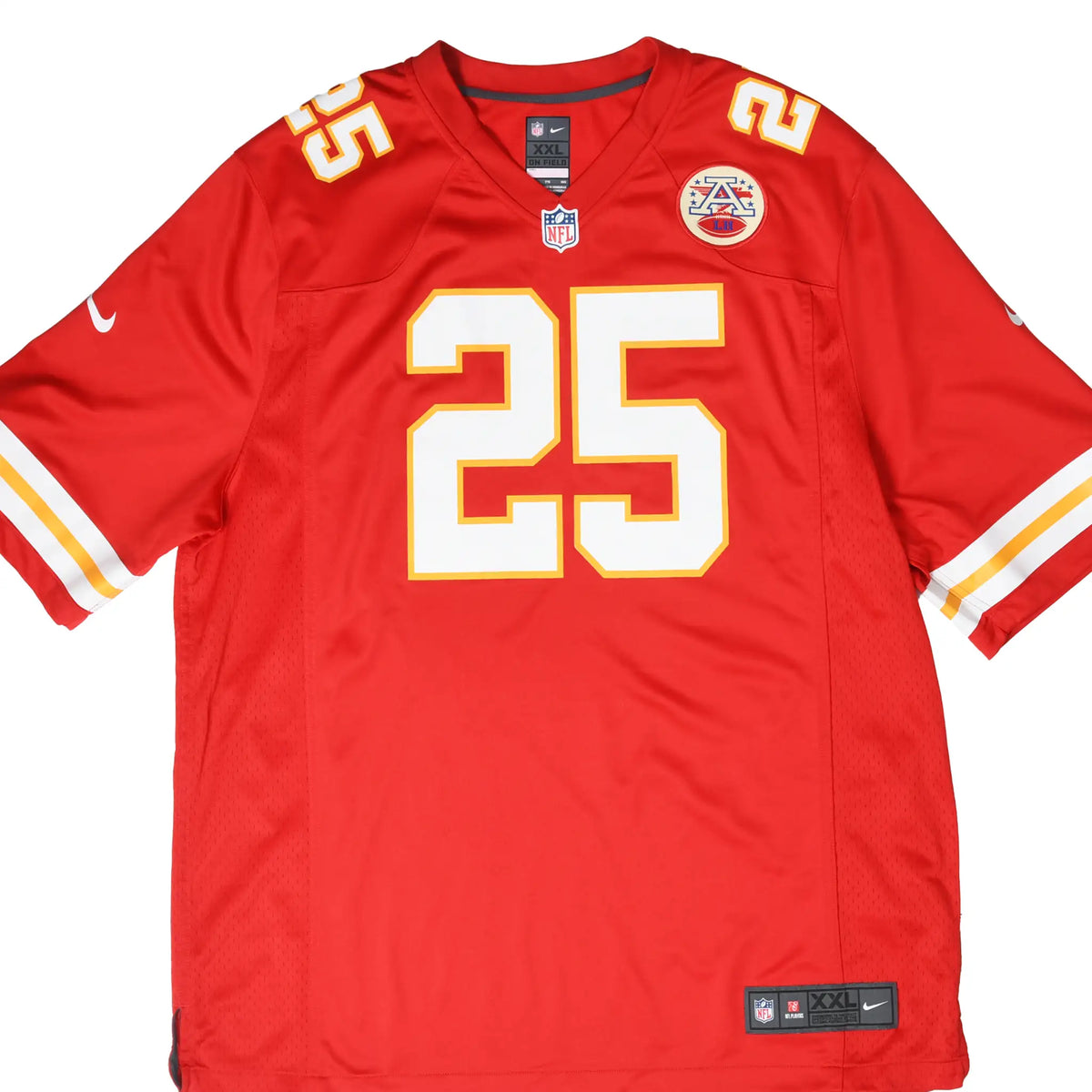 Front of red Nike Kansas City Chiefs Charles 25 NFL jersey with striped sleeves