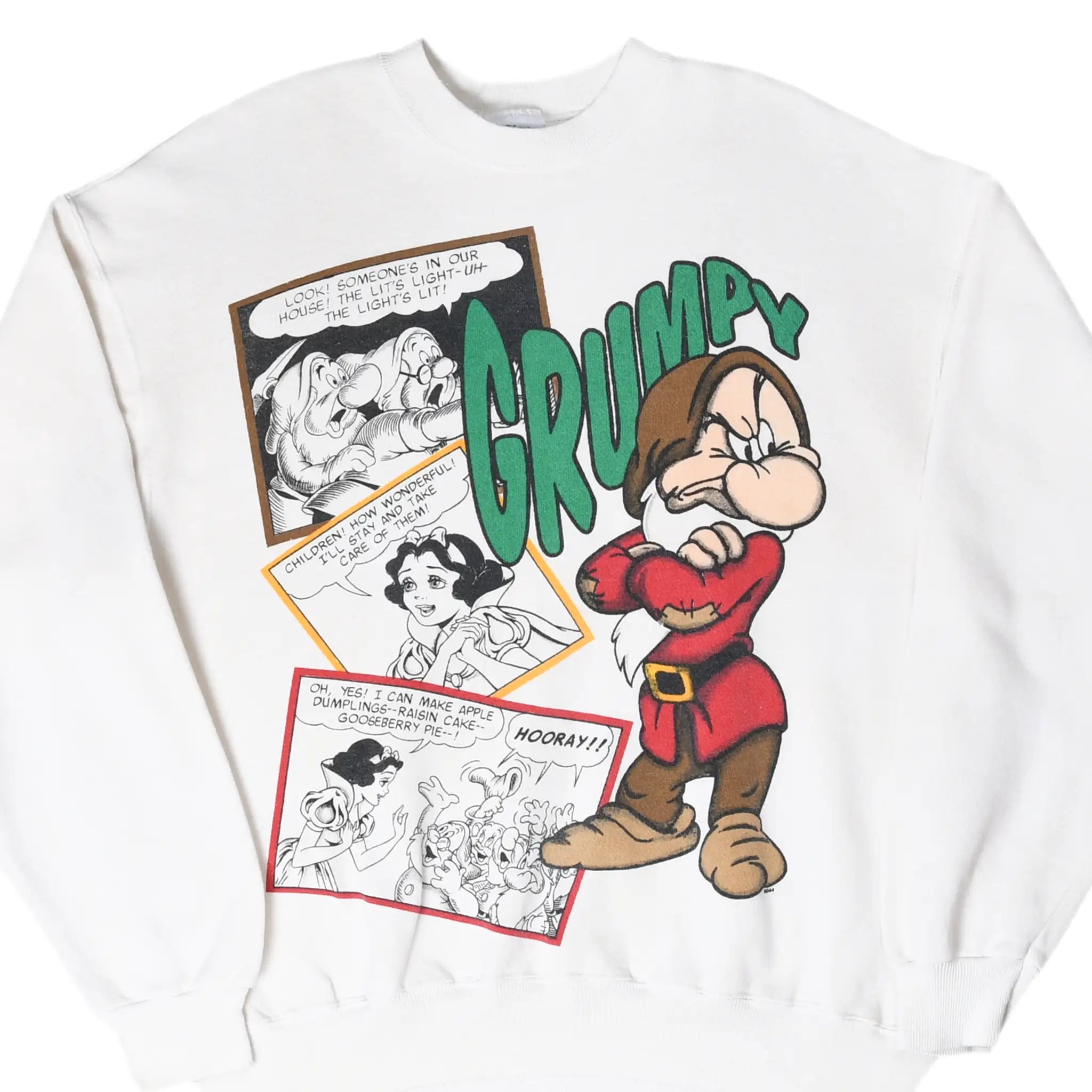 Front of white Disney Snow White sweatshirt with Grumpy and comic panel graphic