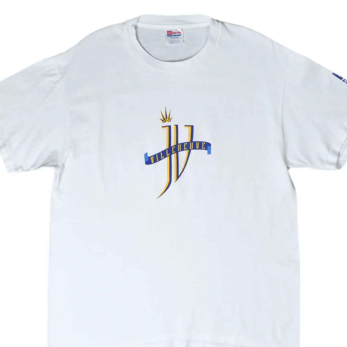Front of white Jacques Villeneuve T-shirt with blue and yellow JV logo
