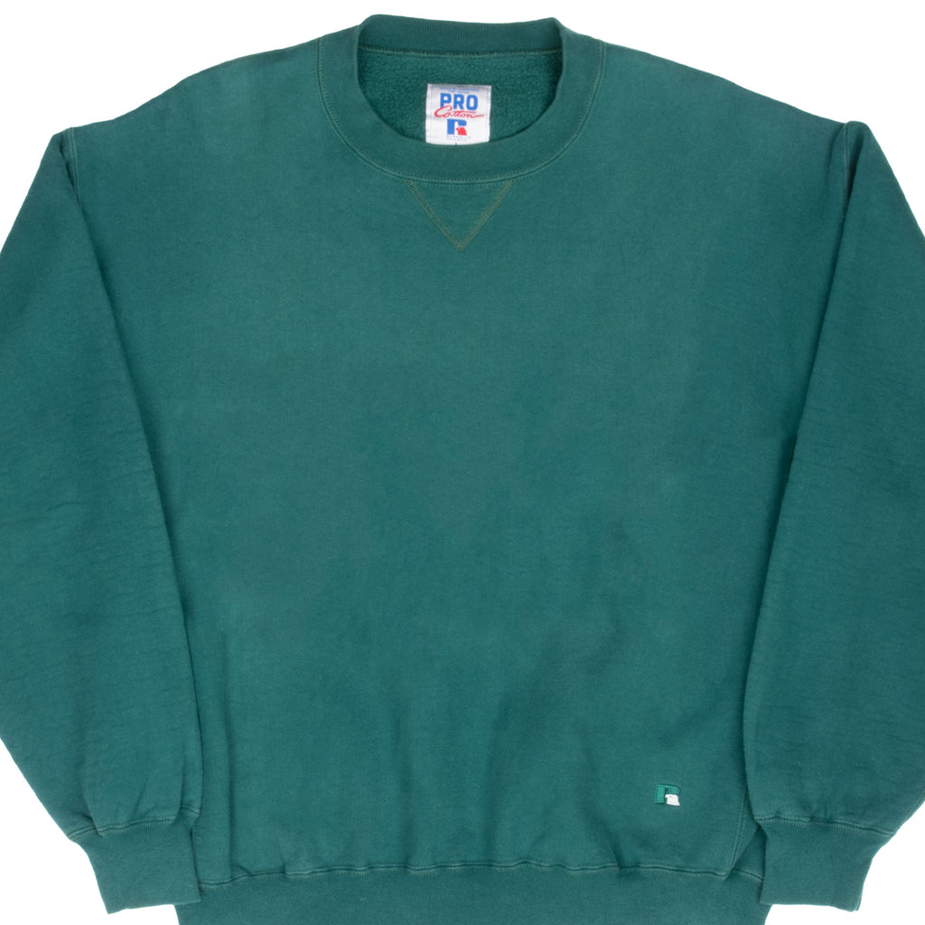 VINTAGE RUSSELL ATHLETIC BLANK GREEN PRO COTTON SWEATSHIRT 1990S LARGE MADE USA
