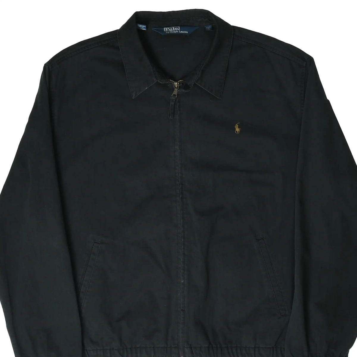 Front upper view of black Polo Ralph Lauren Harrington jacket with gold pony embroidery