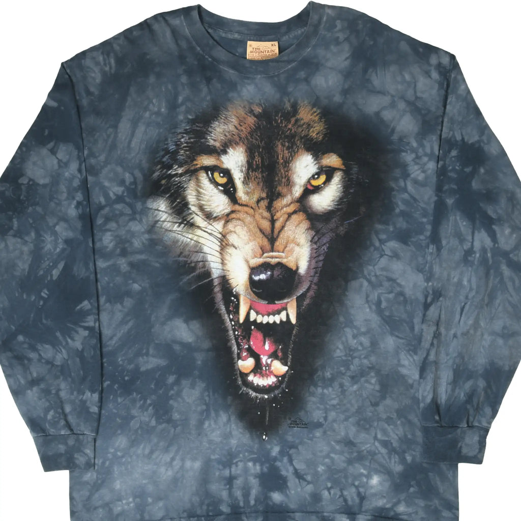 Front of The Mountain grey tie-dye long-sleeve T-shirt with a large snarling wolf face graphic