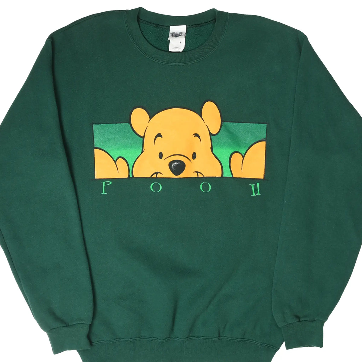 Front of dark green Disney sweatshirt with Winnie the Pooh peeking over the POOH lettering
