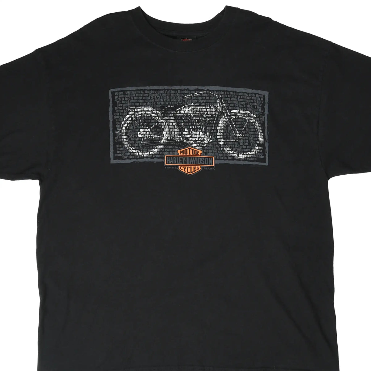 Front of black Harley-Davidson T-shirt with motorcycle and text graphic