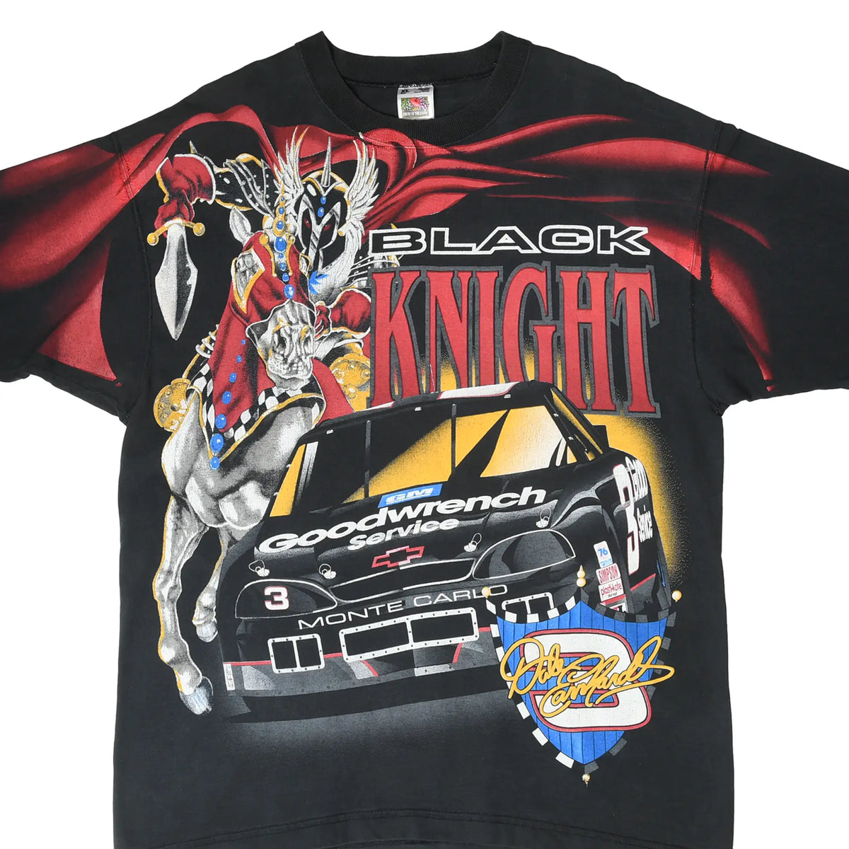 Front of black Dale Earnhardt T-shirt with Black Knight, No. 3 Monte Carlo and red cape graphic