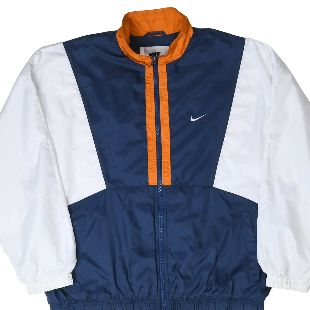 Front of Nike windbreaker jacket in navy blue, white, and orange with embroidered Swoosh