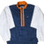 Front of Nike windbreaker jacket in navy blue, white, and orange with embroidered Swoosh