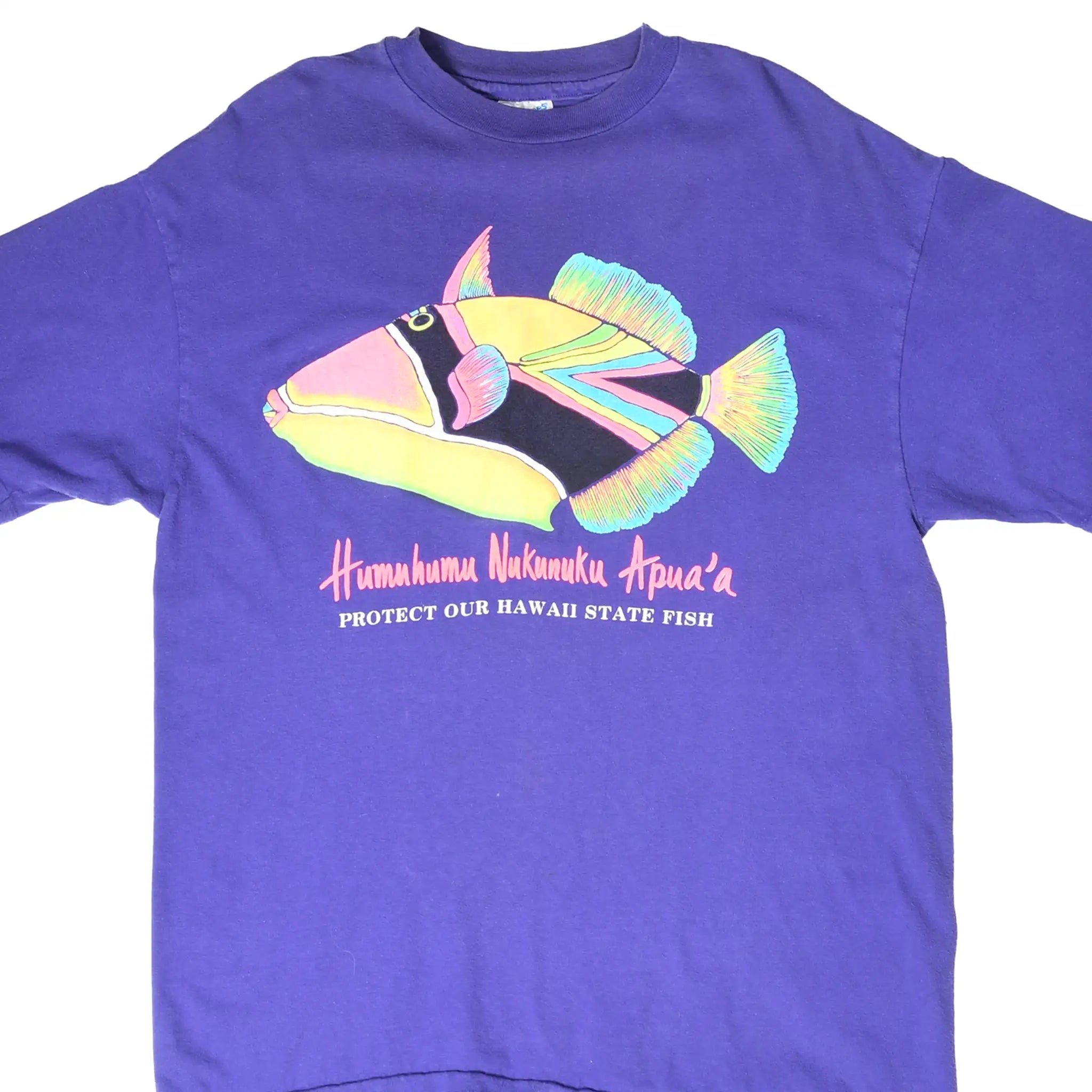 Front of purple T-shirt with colorful Humuhumu Nukunuku Apua'a Hawaii state fish graphic