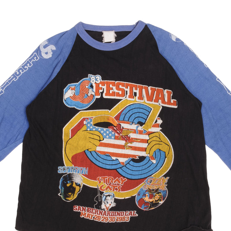 Vintage Original Us Festival Featuring Ozzy Osbourne, Scorpion, Stray Cats, David Bowie, Van Halen, The Clash and more. Half Sleeve Tee Shirt 1983 Size Large Made In USA With Single Stitch Sleeves  The US Festival (US pronounced like the pronoun, not as initials) was the name of two early 1980s music and culture festivals in southern California, held sixty miles (100 km) east of Los Angeles, near San Bernardino.
