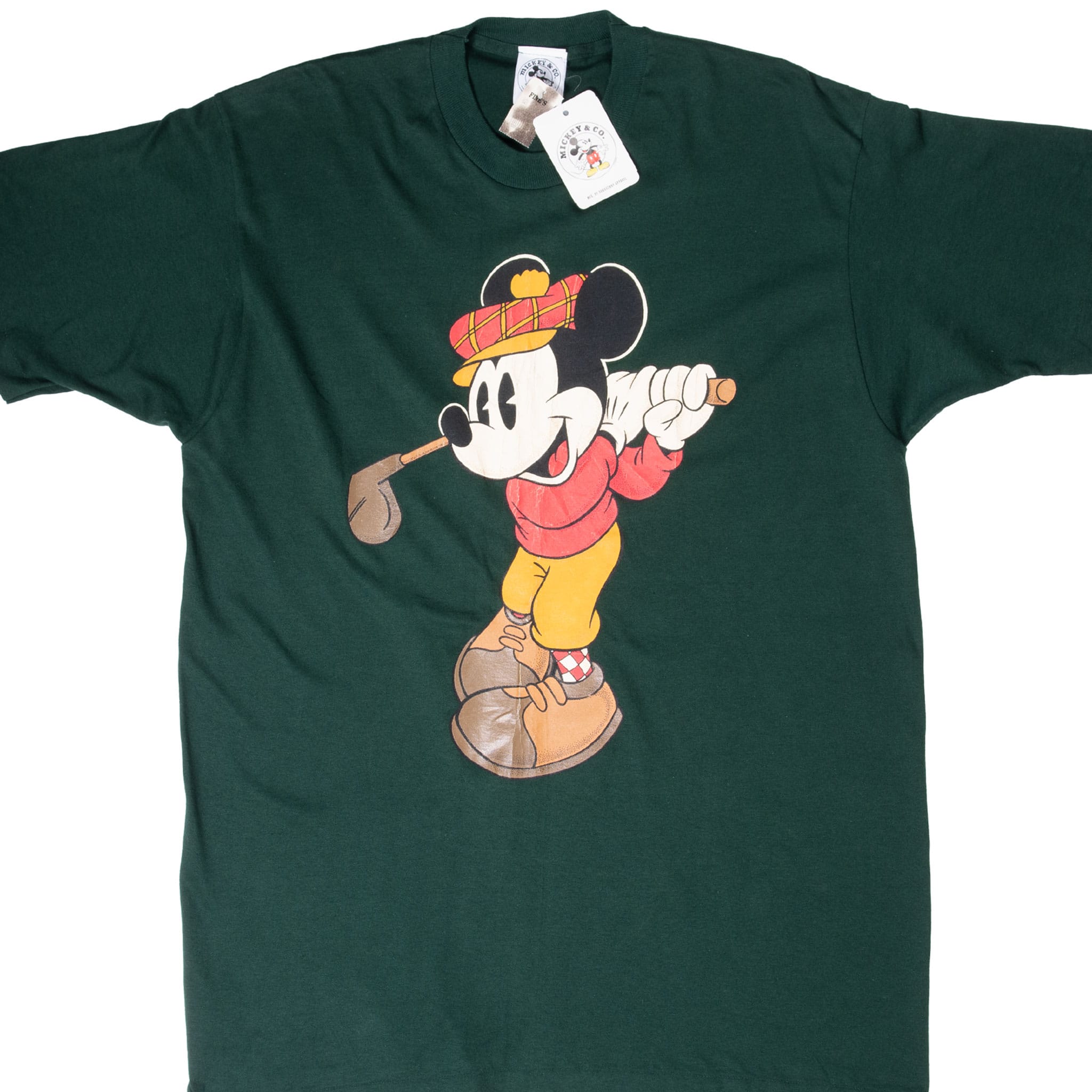 Front of dark green Disney T-shirt with tags and Mickey Mouse swinging a golf club