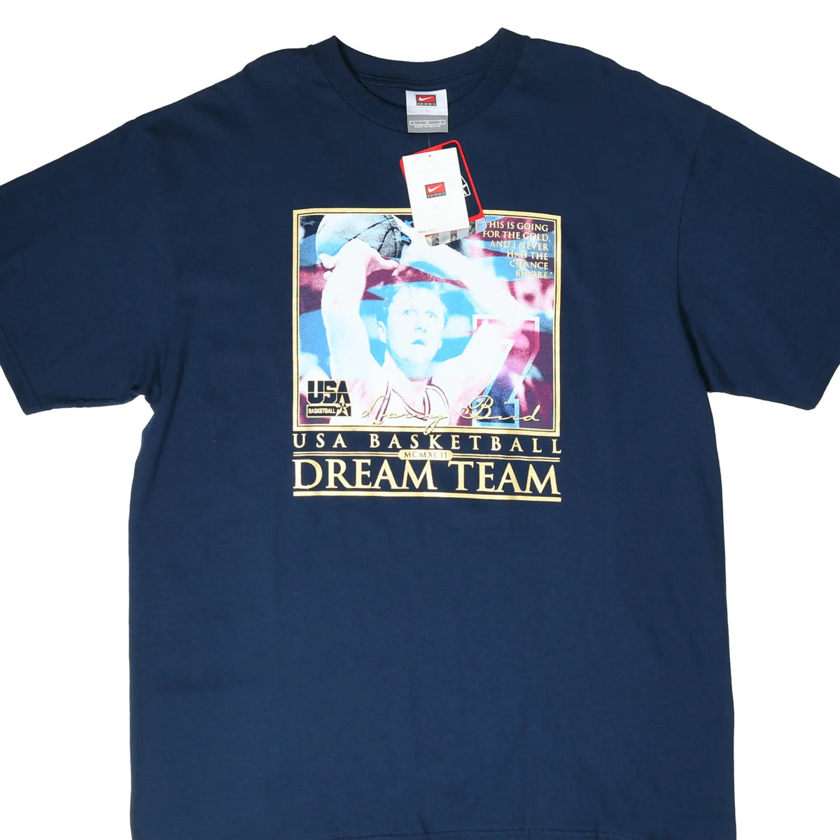 Front of navy Nike T-shirt with hangtags and Larry Bird USA Basketball Dream Team graphic