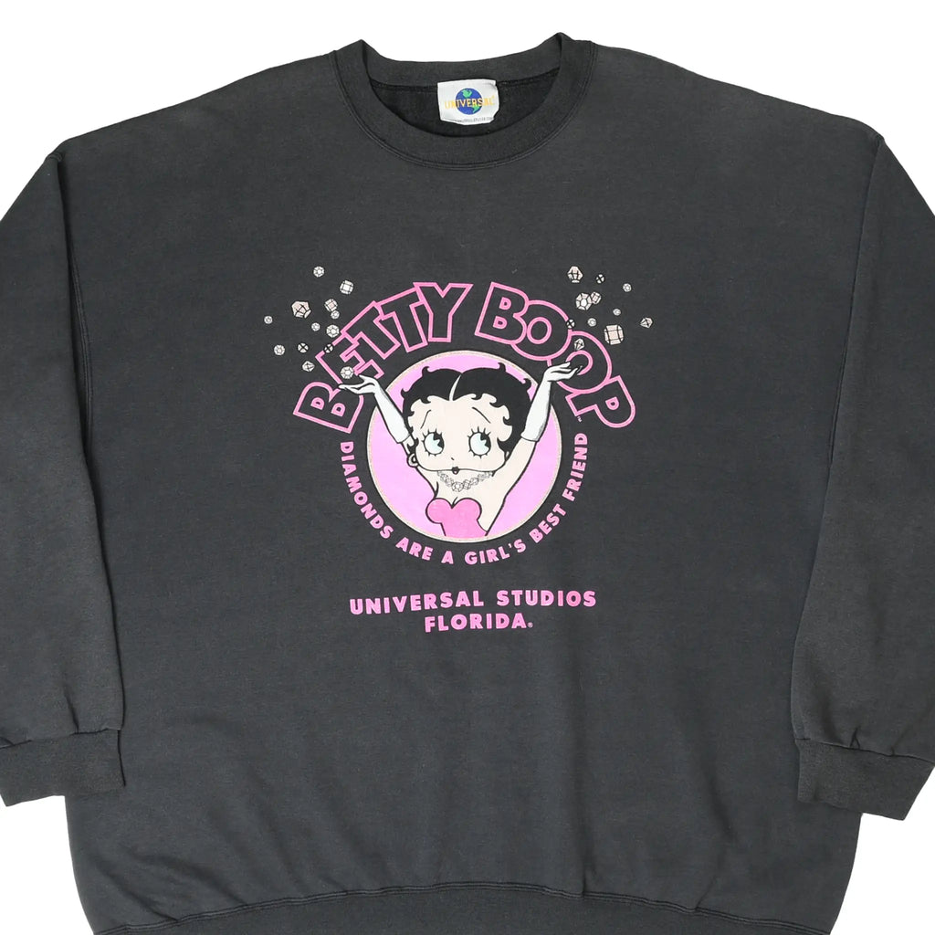 Front detail of black Betty Boop sweatshirt with pink diamond graphic and Universal Studios Florida text