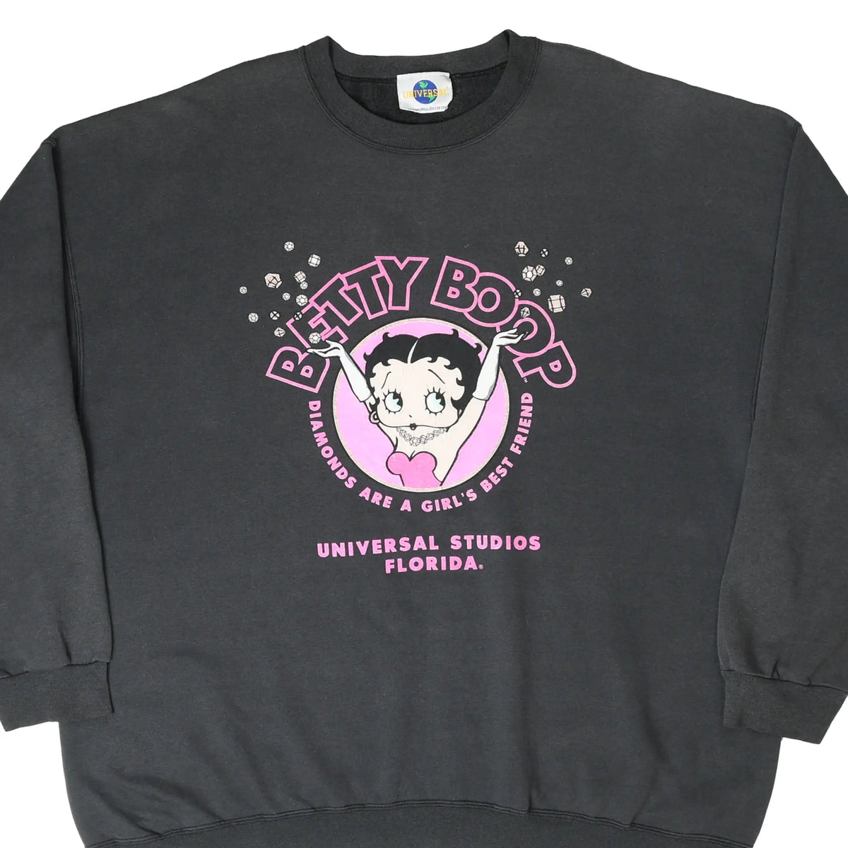 Front detail of black Betty Boop sweatshirt with pink diamond graphic and Universal Studios Florida text