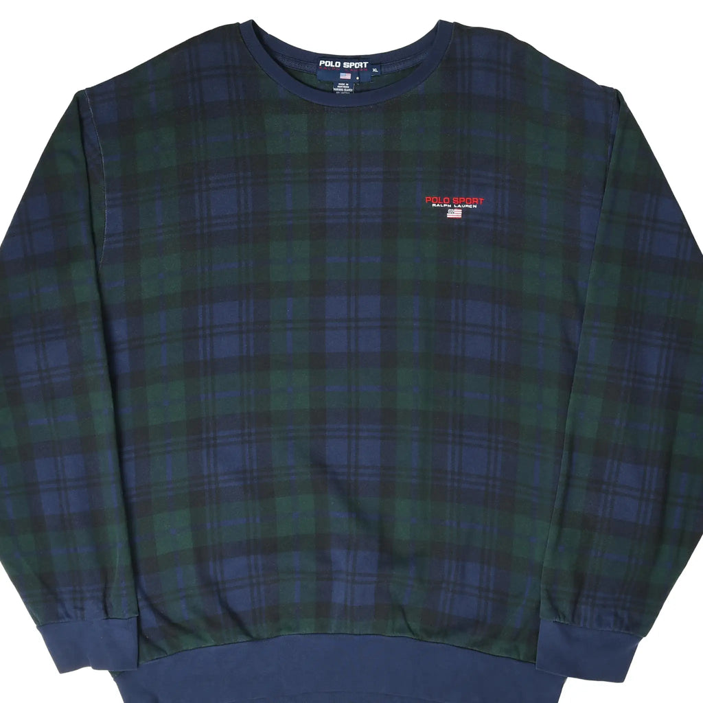 Front of Polo Sport Ralph Lauren blue and green plaid crewneck sweatshirt
