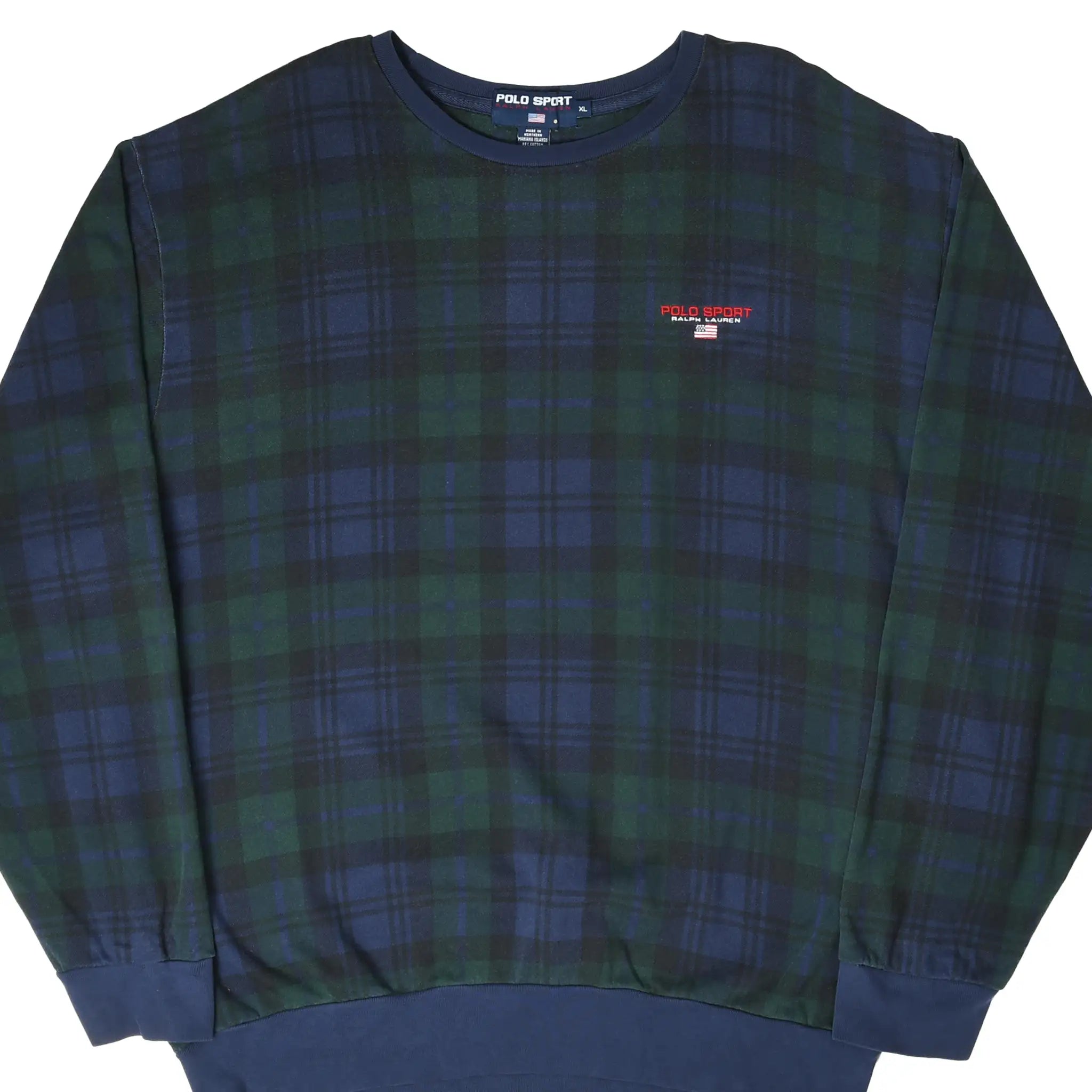 Front of Polo Sport Ralph Lauren blue and green plaid crewneck sweatshirt