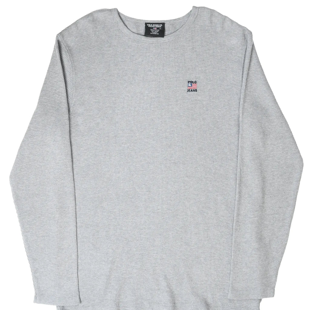 Front of grey Polo Jeans Co. Ralph Lauren long-sleeve waffle shirt with small chest embroidery