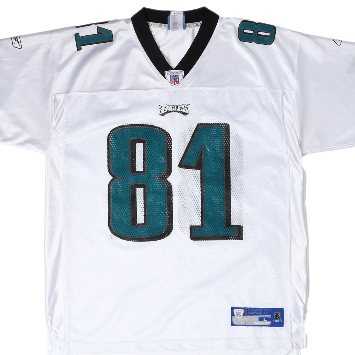 Front close-up of white Philadelphia Eagles Owens #81 Reebok NFL jersey
