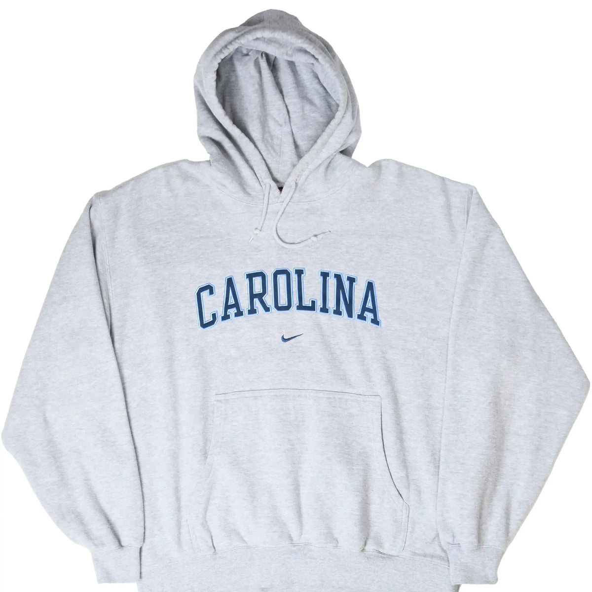 Front of grey Nike Carolina basketball hoodie with blue lettering and kangaroo pocket