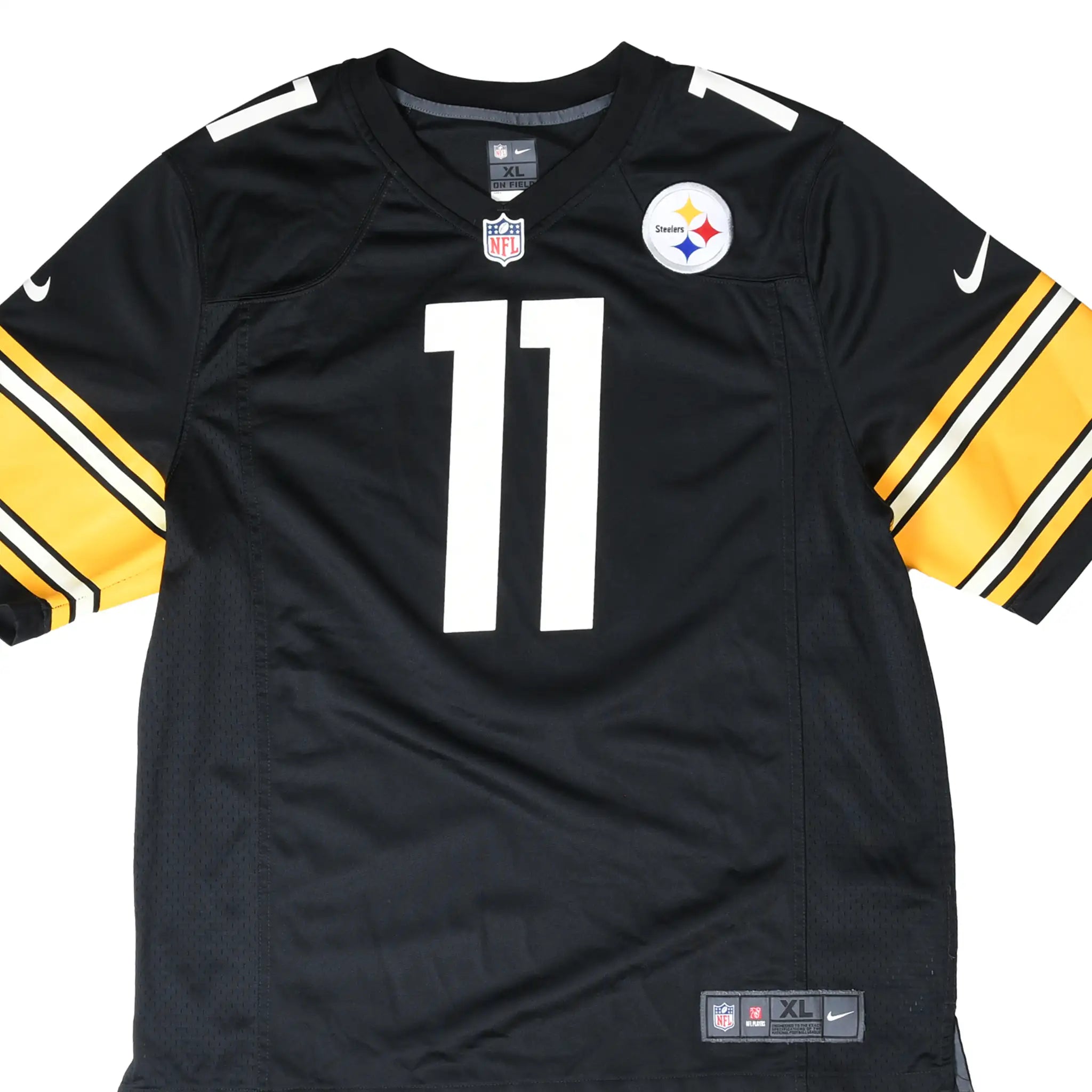 Front of black Nike Pittsburgh Steelers Claypool #11 jersey with yellow striped sleeves