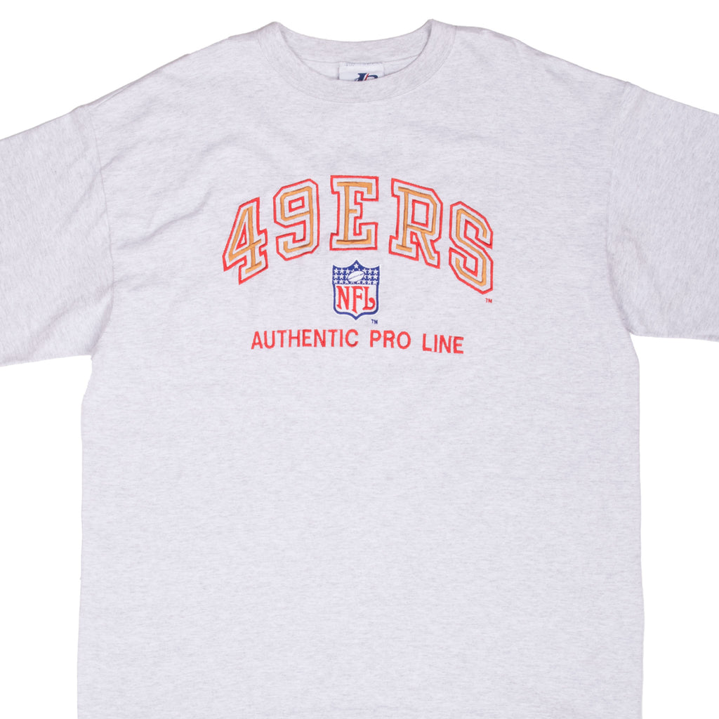 Front close-up of gray San Francisco 49ers NFL T-shirt with red and gold chest embroidery