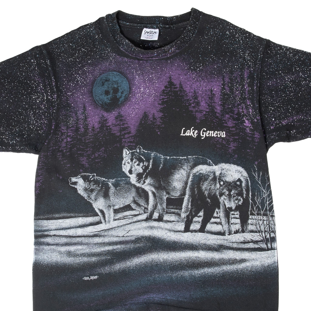 VINTAGE ANIMAL PRINT WOLF LAKE GENEVA AOP TEE SHIRT 1991 LARGE MADE IN USA