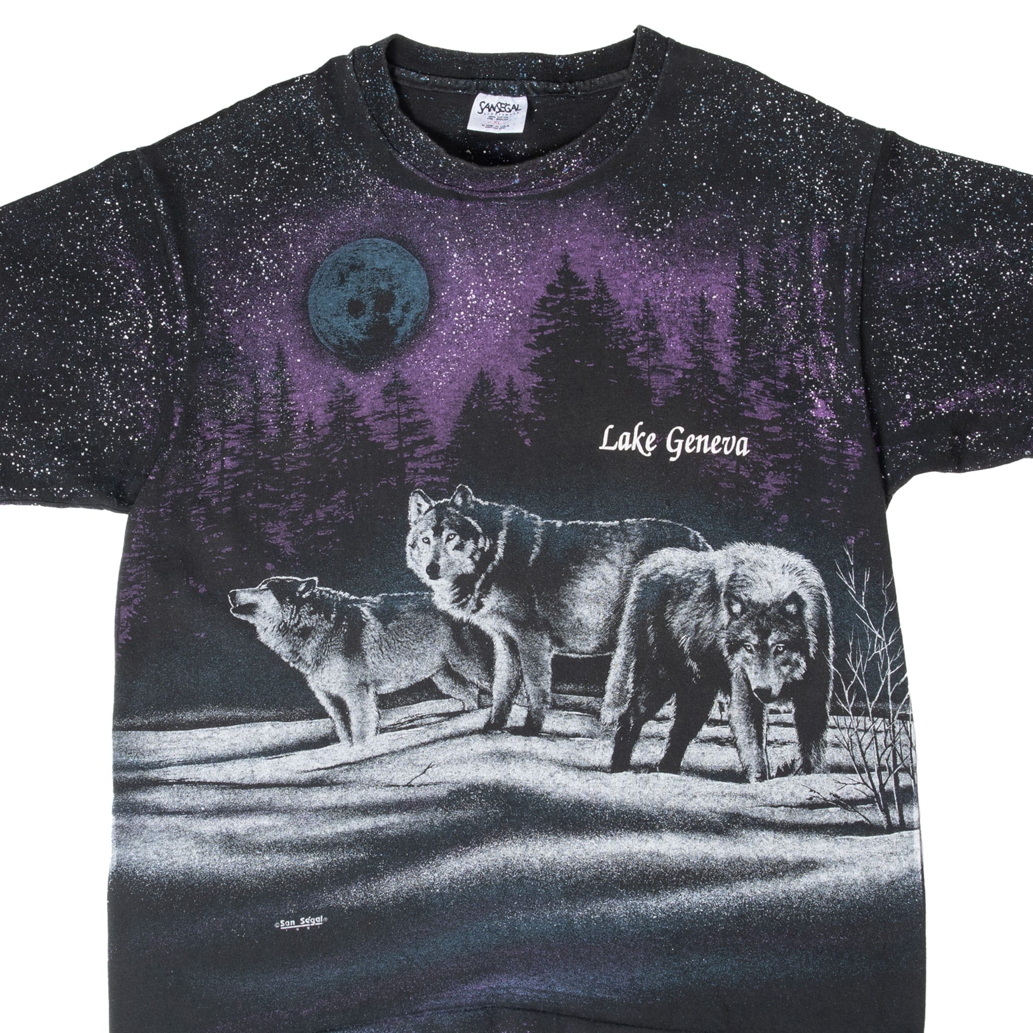 VINTAGE ANIMAL PRINT WOLF LAKE GENEVA AOP TEE SHIRT 1991 LARGE MADE IN USA
