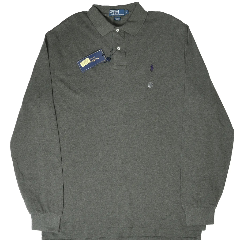 Front of green Polo Ralph Lauren long-sleeve polo shirt with hangtag and embroidered pony logo