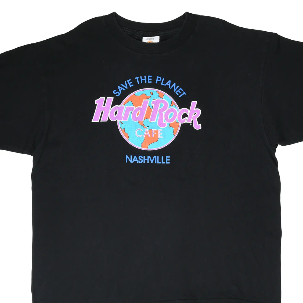 Front of black Hard Rock Cafe Nashville T-shirt with colorful Save the Planet globe graphic