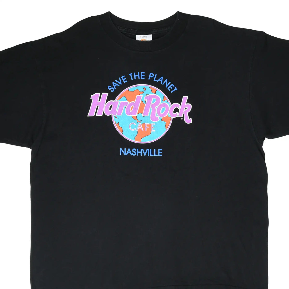 Front of black Hard Rock Cafe Nashville T-shirt with colorful Save the Planet globe graphic
