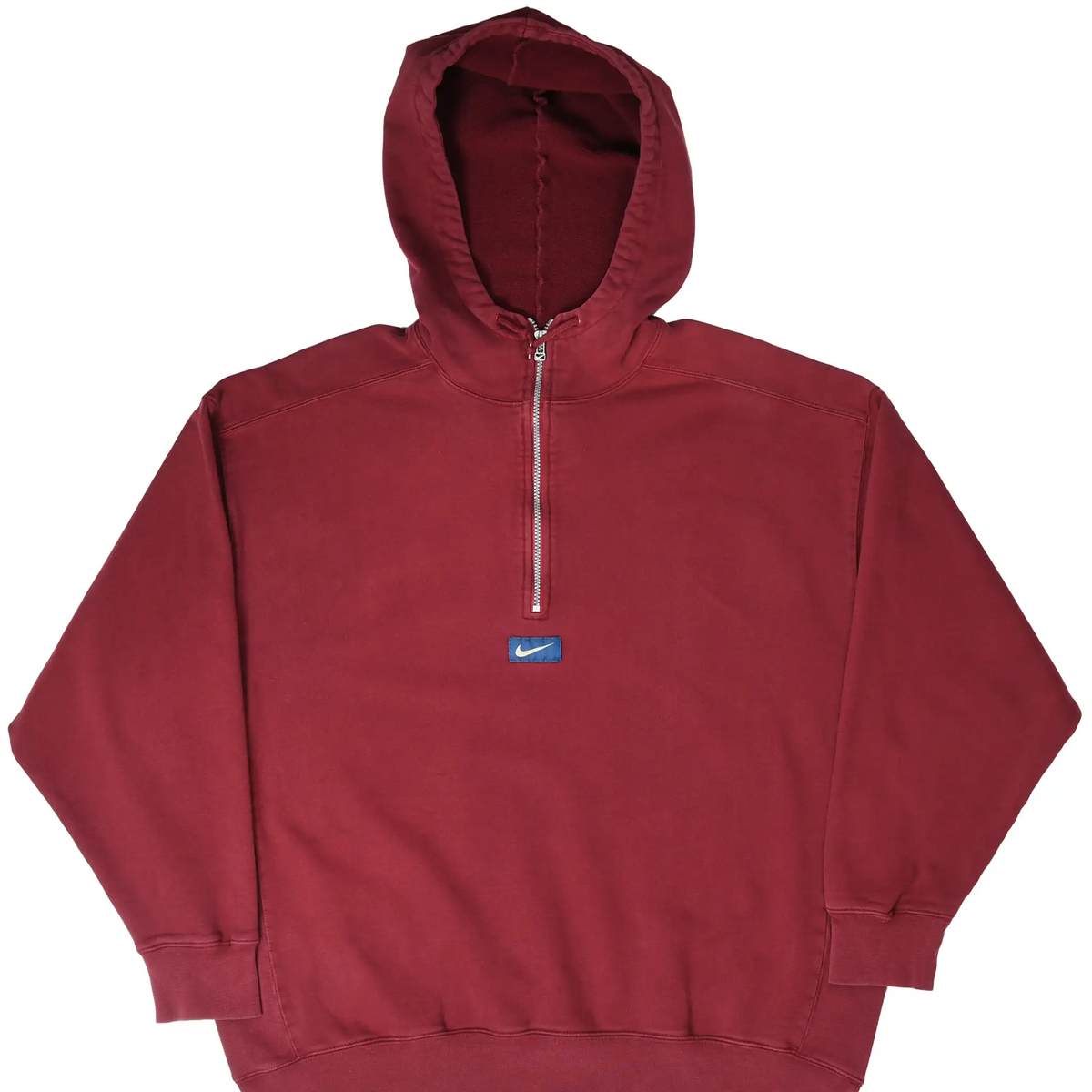 Front of burgundy Nike quarter-zip hoodie with hood and center Swoosh patch