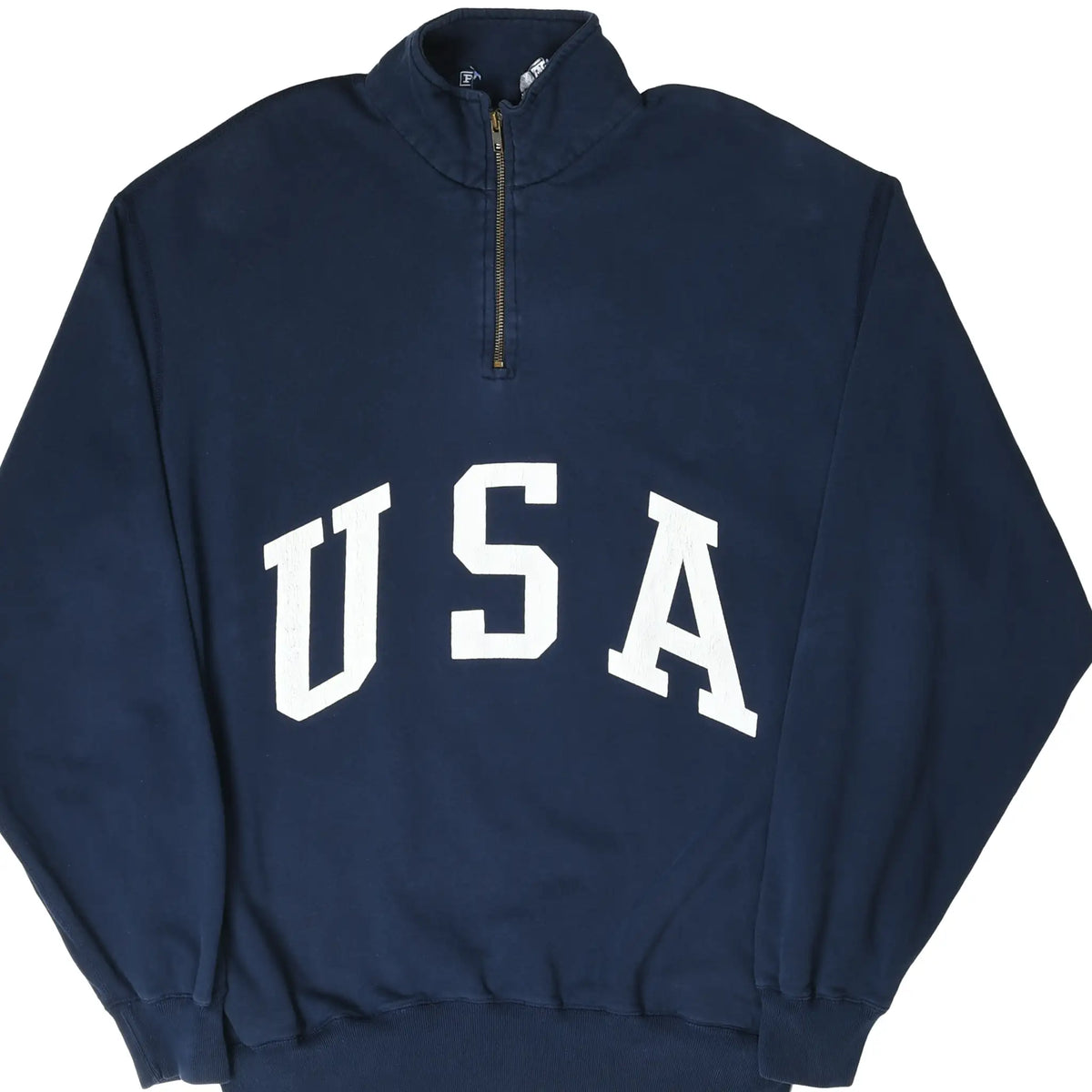 Front of navy Polo Ralph Lauren quarter-zip sweatshirt with white USA lettering