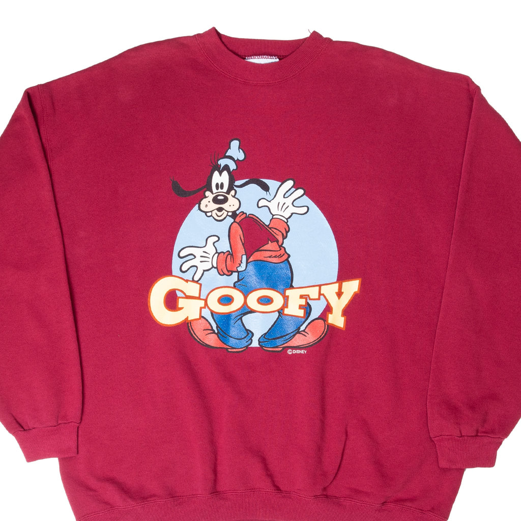 Front of burgundy Disney sweatshirt with multicolor Goofy graphic