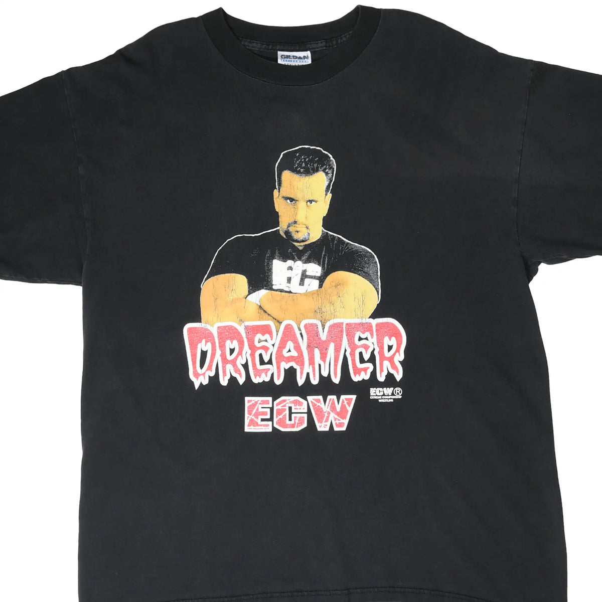 Front of black ECW Tommy Dreamer T-shirt with wrestler portrait and red and white logo graphic