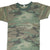 Upper front of faded woodland camouflage T-shirt with dark green ribbed crew neck