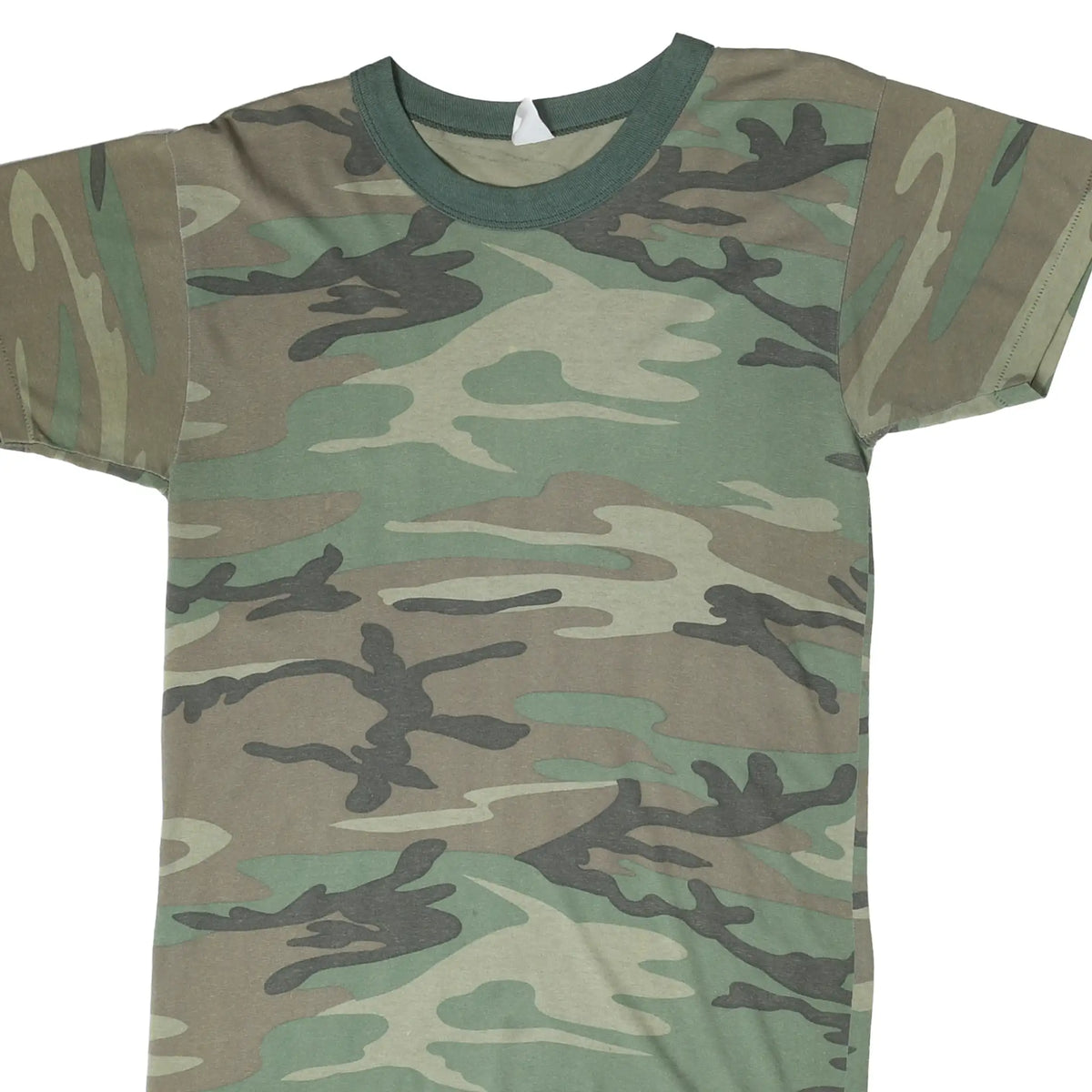 Upper front of faded woodland camouflage T-shirt with dark green ribbed crew neck