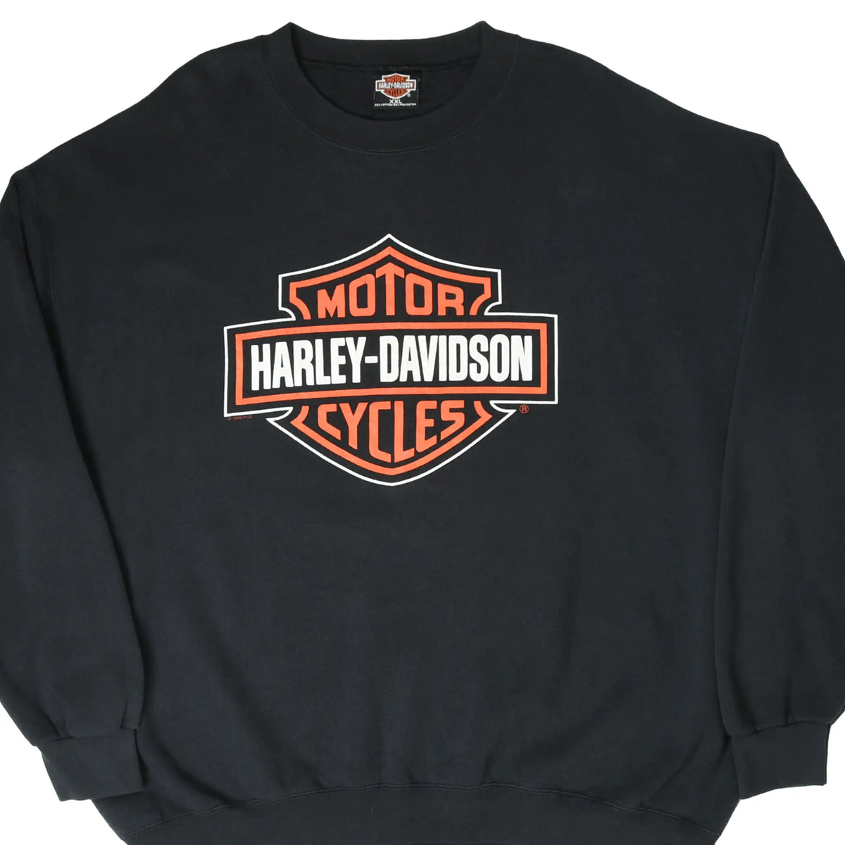 Front of black Harley-Davidson sweatshirt with orange and white bar-and-shield logo