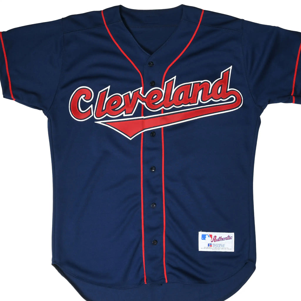 Front of navy Cleveland Indians button-front jersey with red piping and script chest logo
