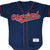 Front of navy Cleveland Indians button-front jersey with red piping and script chest logo